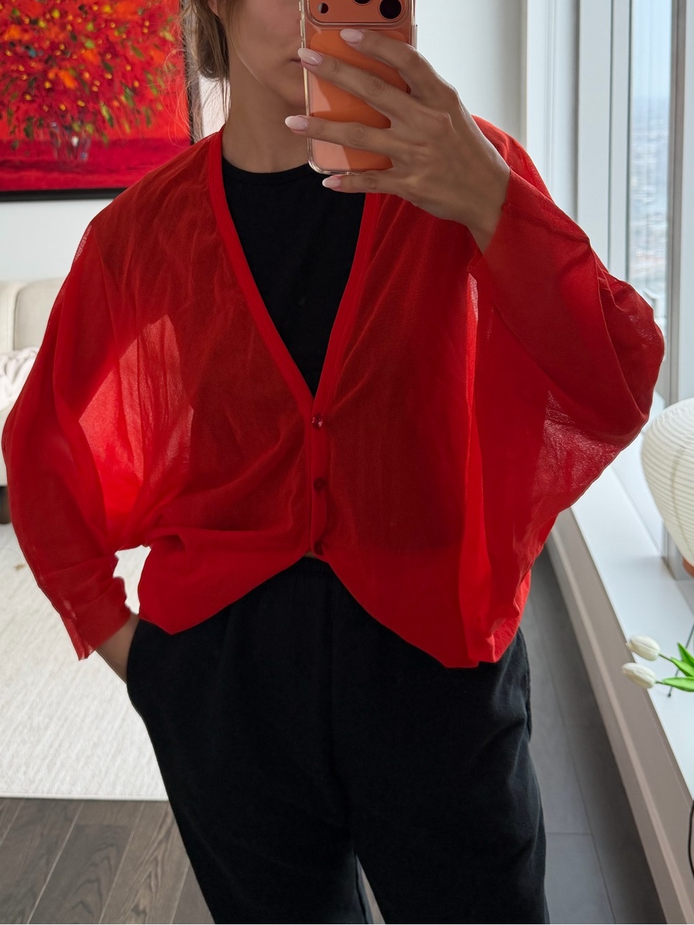 Fuzzi Sheer Red Mesh Cardigan Made in Italy Size Medium